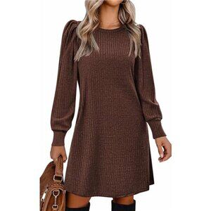 Women's Knit Dress with Puff Sleeves Brown